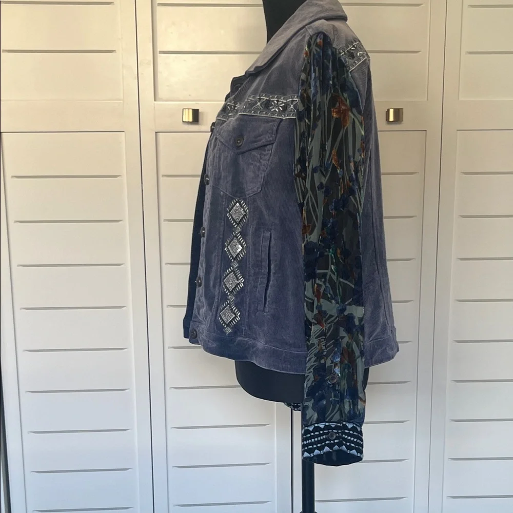 John Mark Jacket Dark Blue Corduroy Beaded Velvet Burnout Sleeves Medium - Picture 7 of 13